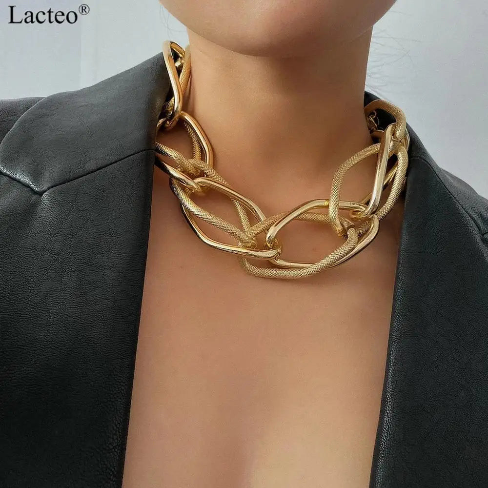 Oversized Chunky Gold Chain Necklace with Leather Jacket — Chunky Gold Necklaces