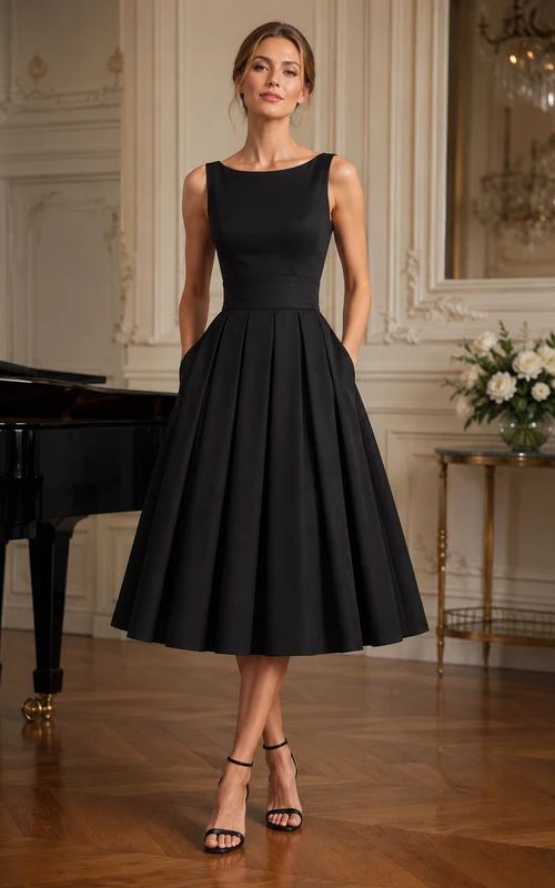 Chic Black Satin Fit-and-Flare Dress for Cocktail Evenings — Knee Length Dresses