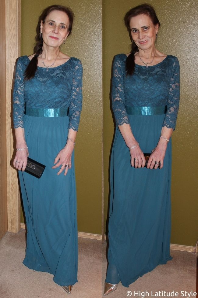 Pointed Toe Heels Teal Lace and Chiffon Gown with Long Sleeves for Opera Pointed Toe Heels Teal Lace and Chiffon Gown with Long Sleeves for Opera — Opera Outfits