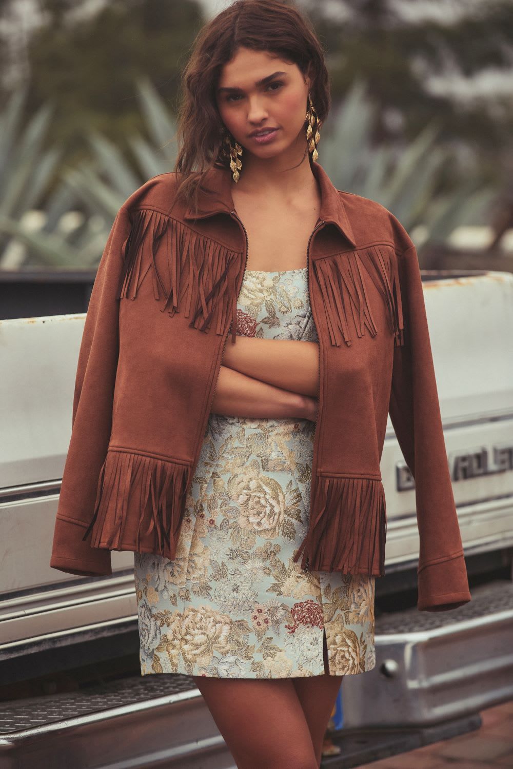Fringed Suede Jacket Over Floral Mini Dress — Ranch Outfits