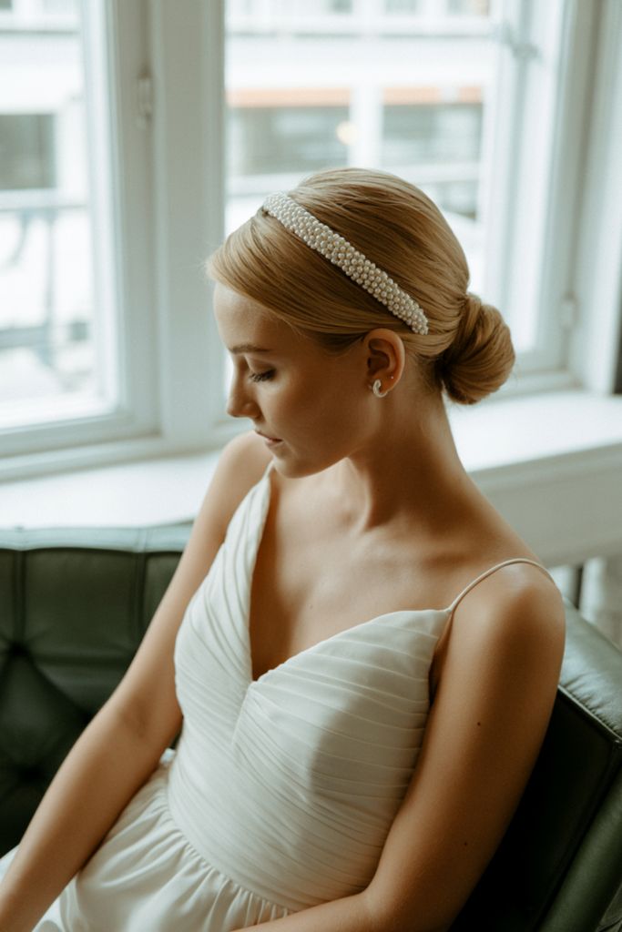 Polished Blonde Bun With Pearl Headband Polished Blonde Bun With Pearl Headband — Sleek Bun Wedding Hair