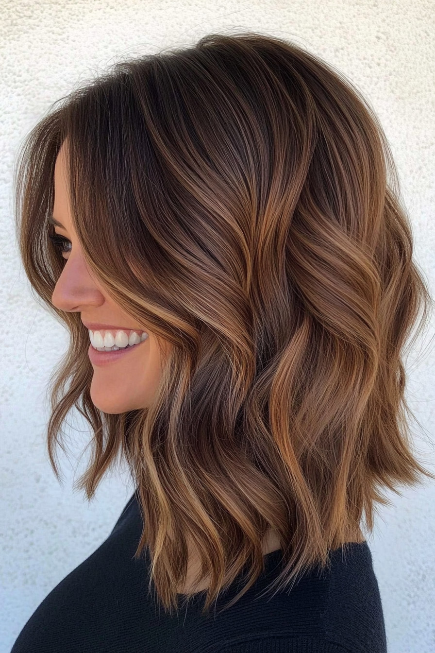 Medium Brown Bob with Caramel Highlights Medium Brown Bob with Caramel Highlights — Brown Hair Over 50