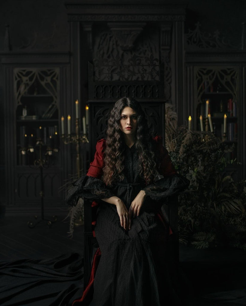 Black Lace Dress with Dramatic Deep Red Overlay Black Lace Dress with Dramatic Deep Red Overlay — Vampire Aesthetic Outfits