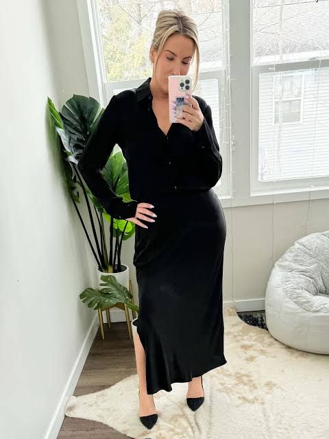 Black Slip Skirt with Collared Shirt and Pumps — Slip Skirt Outfits