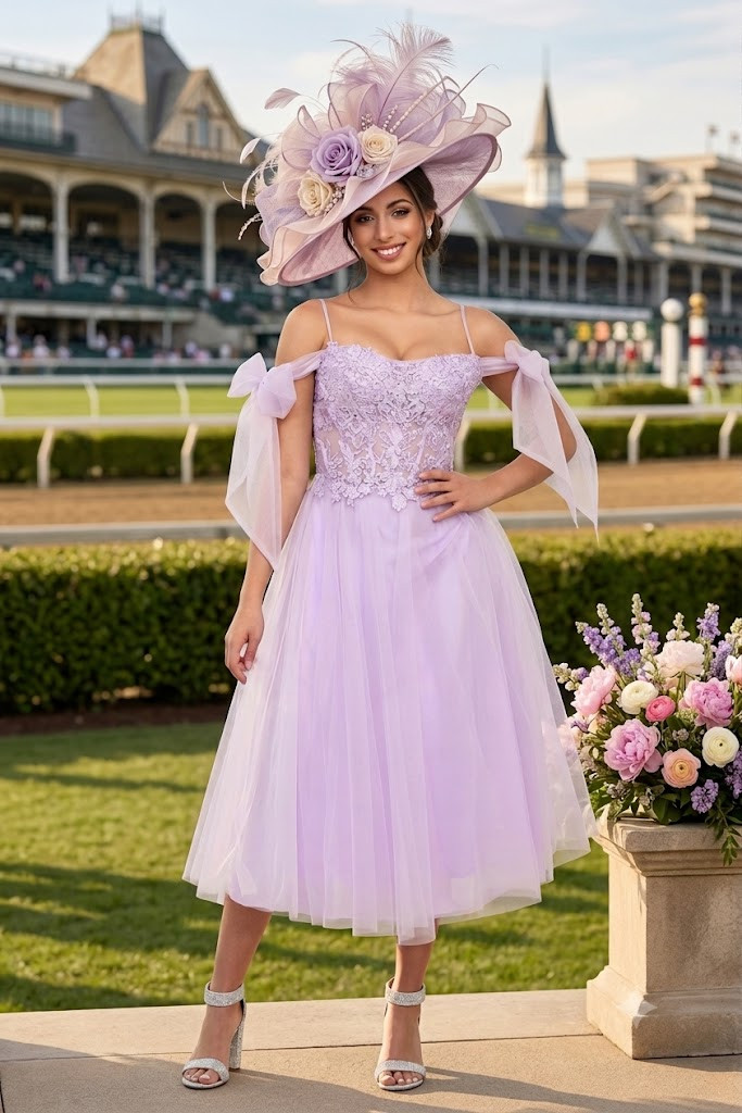 Lilac Lace Dress with Tulle Skirt and Feathered Hat — Kentucky Derby Outfits