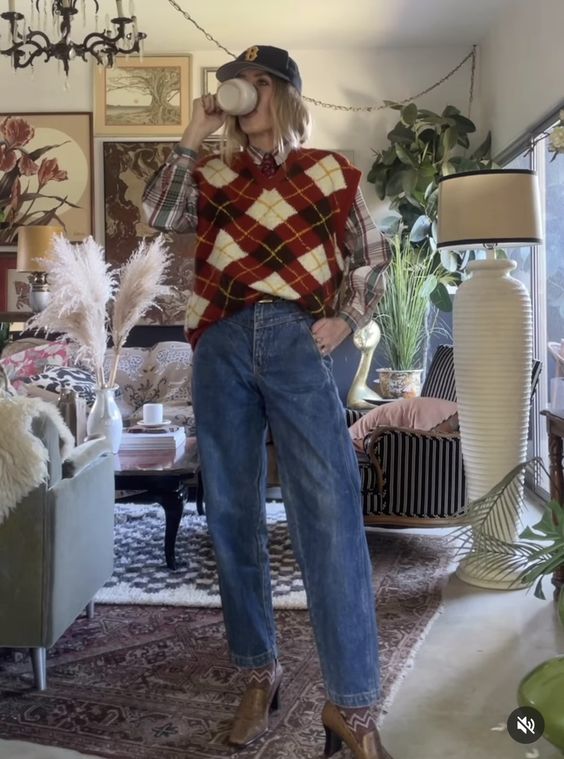 Argyle Vest, Plaid Shirt, and Baseball Cap Argyle Vest, Plaid Shirt, and Baseball Cap — Eclectic Grandpa Outfits