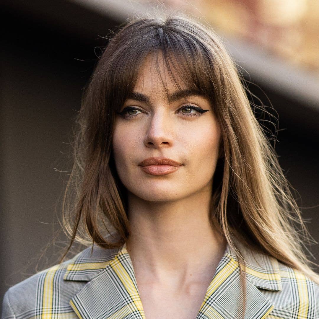 Smart Casual: Plaid Blazer with Wispy Bangs and Brown Hair — Long Bangs