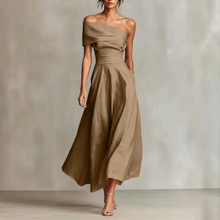 Khaki Asymmetrical Off-the-Shoulder Midi Dress with Belted Waist — Semi Formal Dresses