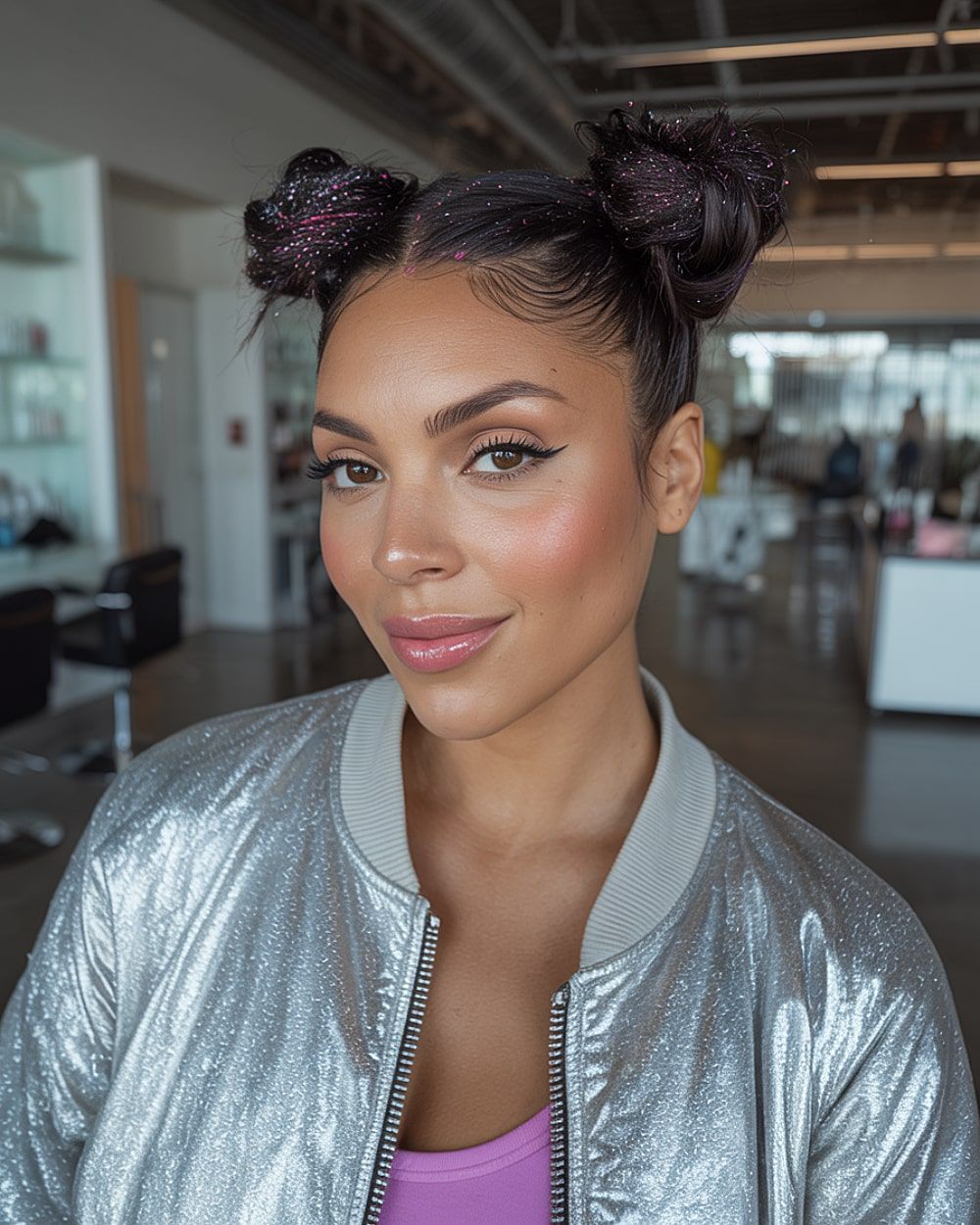 Glitter Space Buns With Loose Waves Glitter Space Buns With Loose Waves — Concert Hairstyles