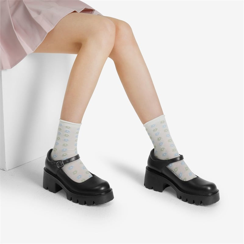 Platform Mary Janes with Floral Patterned Socks — Chunky Mary Janes Outfits