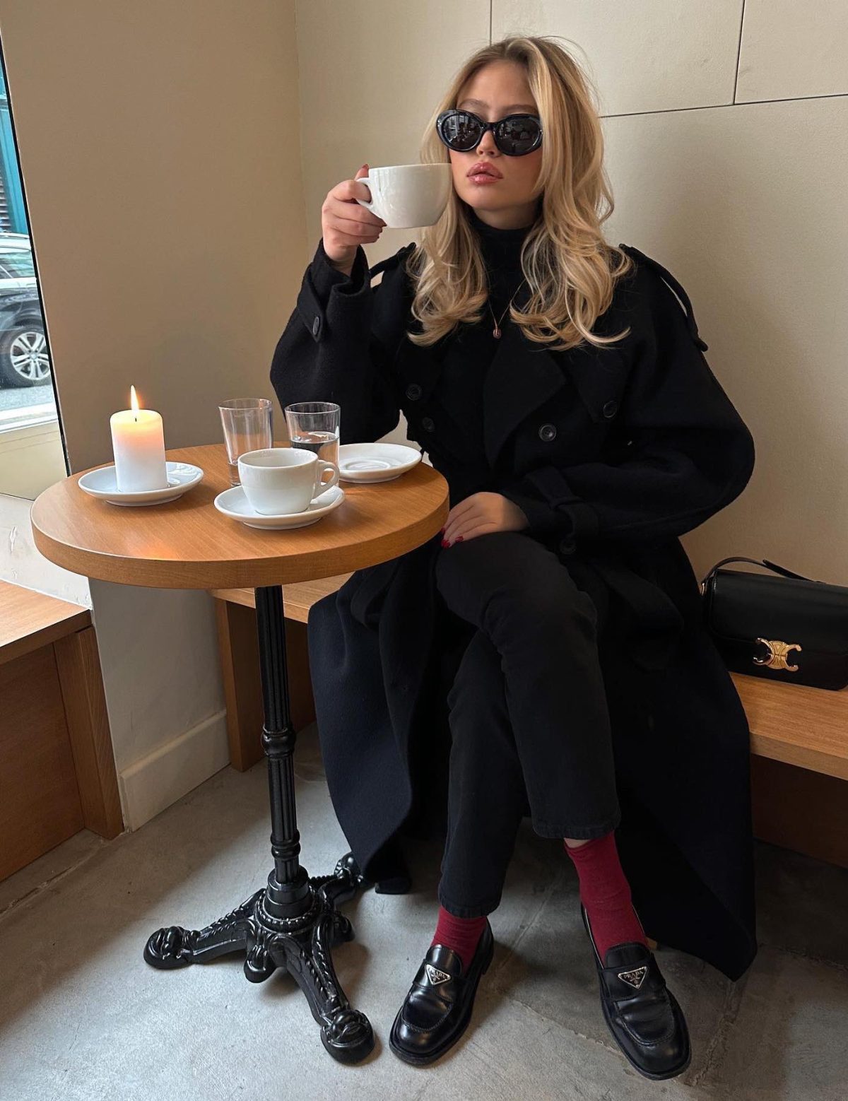 Chic Urban Commute: Black Loafers with Red Socks and a Trench Coat Chic Urban Commute: Black Loafers with Red Socks and a Trench Coat — Socks with Loafers Outfits