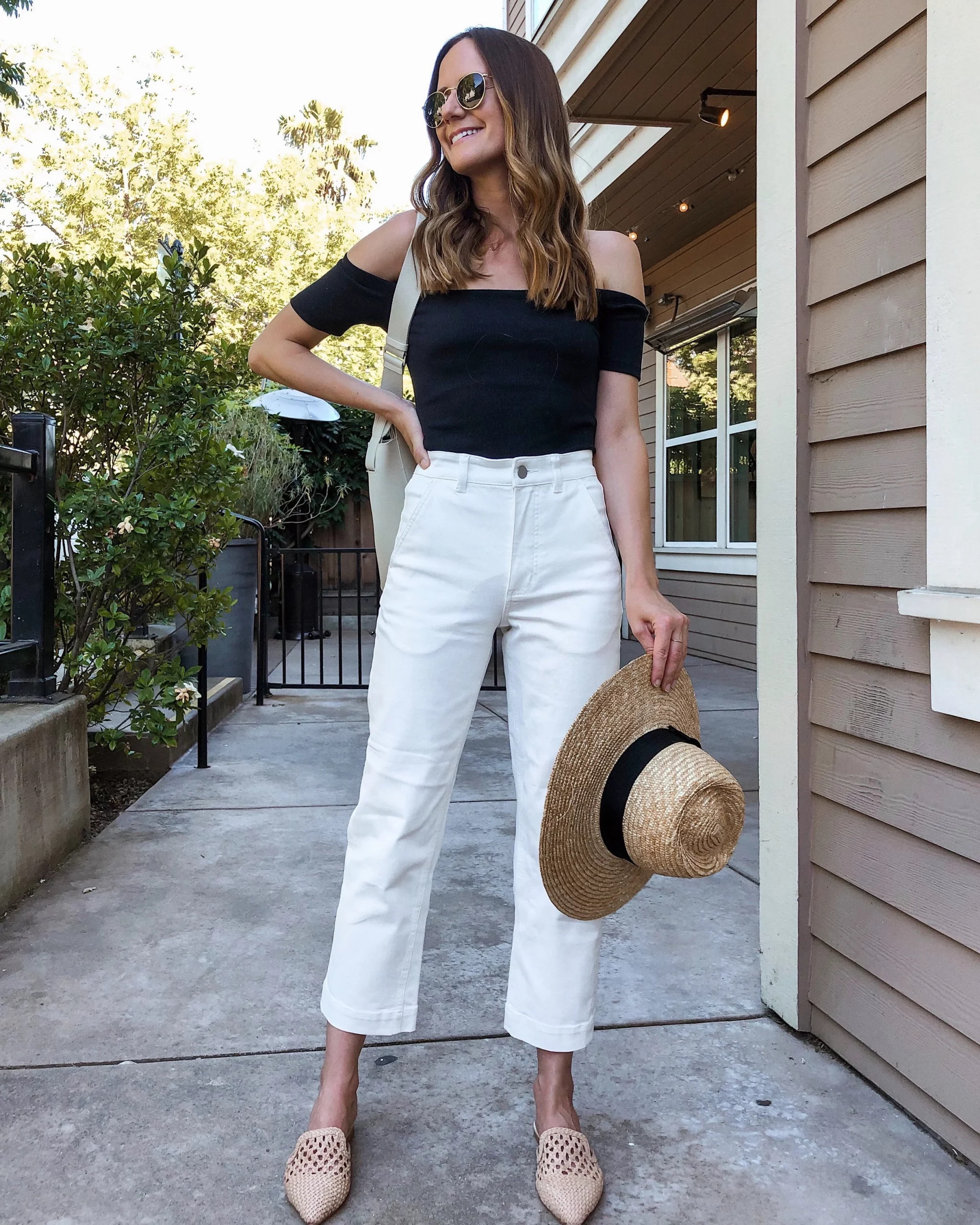 Summer Ready: Black Off-the-Shoulder Top with White Cropped Pants — Black and White Outfits