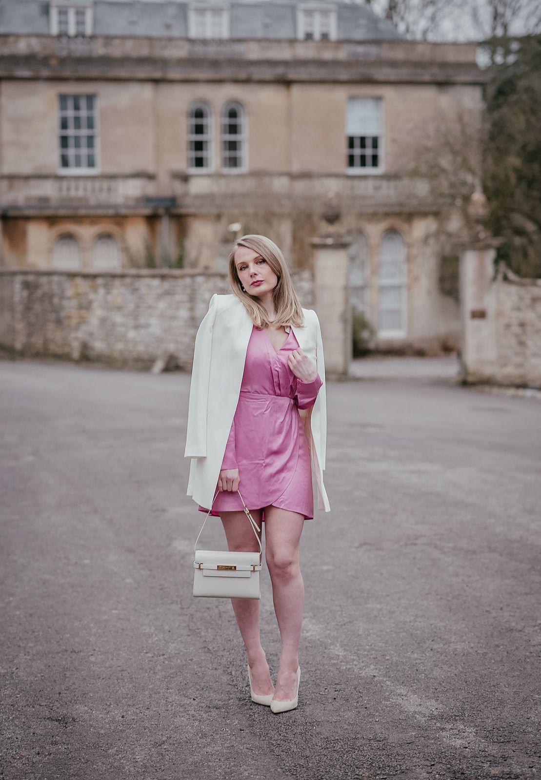 Pink Satin Mini Wrap Dress with White Blazer — Satin Dress Outfits
