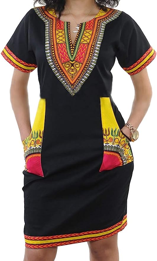 Black Dashiki Dress With Contrast Pockets Black Dashiki Dress With Contrast Pockets — Afrocentric Outfits