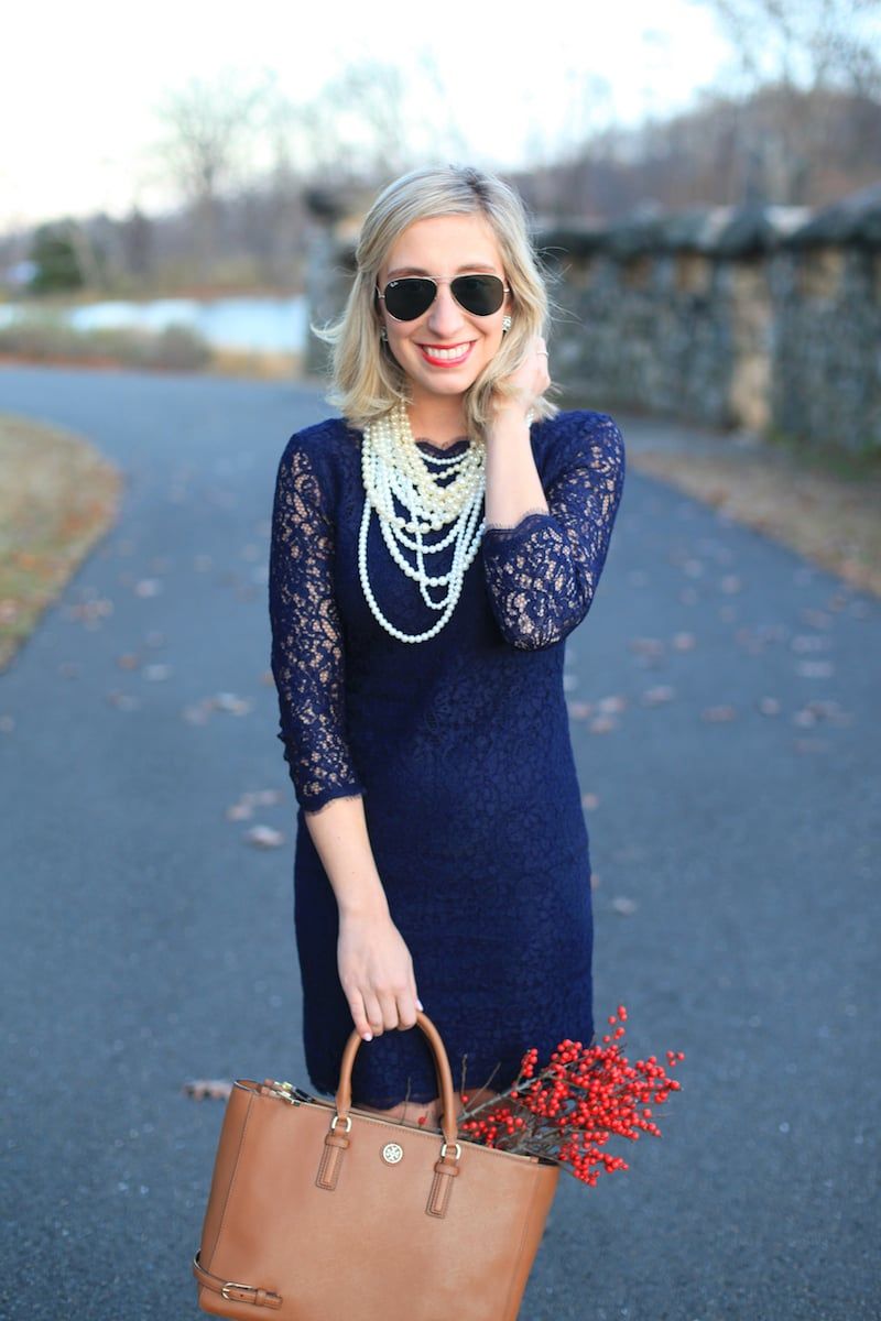 Navy Lace Dress: Pearl Necklace Styling — Lace Dress Outfits