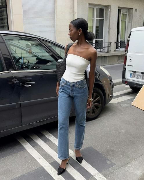 White Ribbed Tube Top with Straight-Leg Jeans White Ribbed Tube Top with Straight-Leg Jeans — Tube Top Outfits