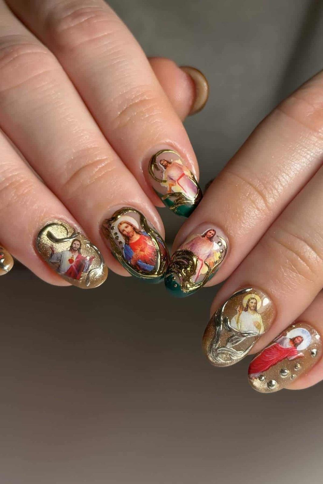 Nude and Green Jesus Portrait Nails Nude and Green Jesus Portrait Nails — Church Nails