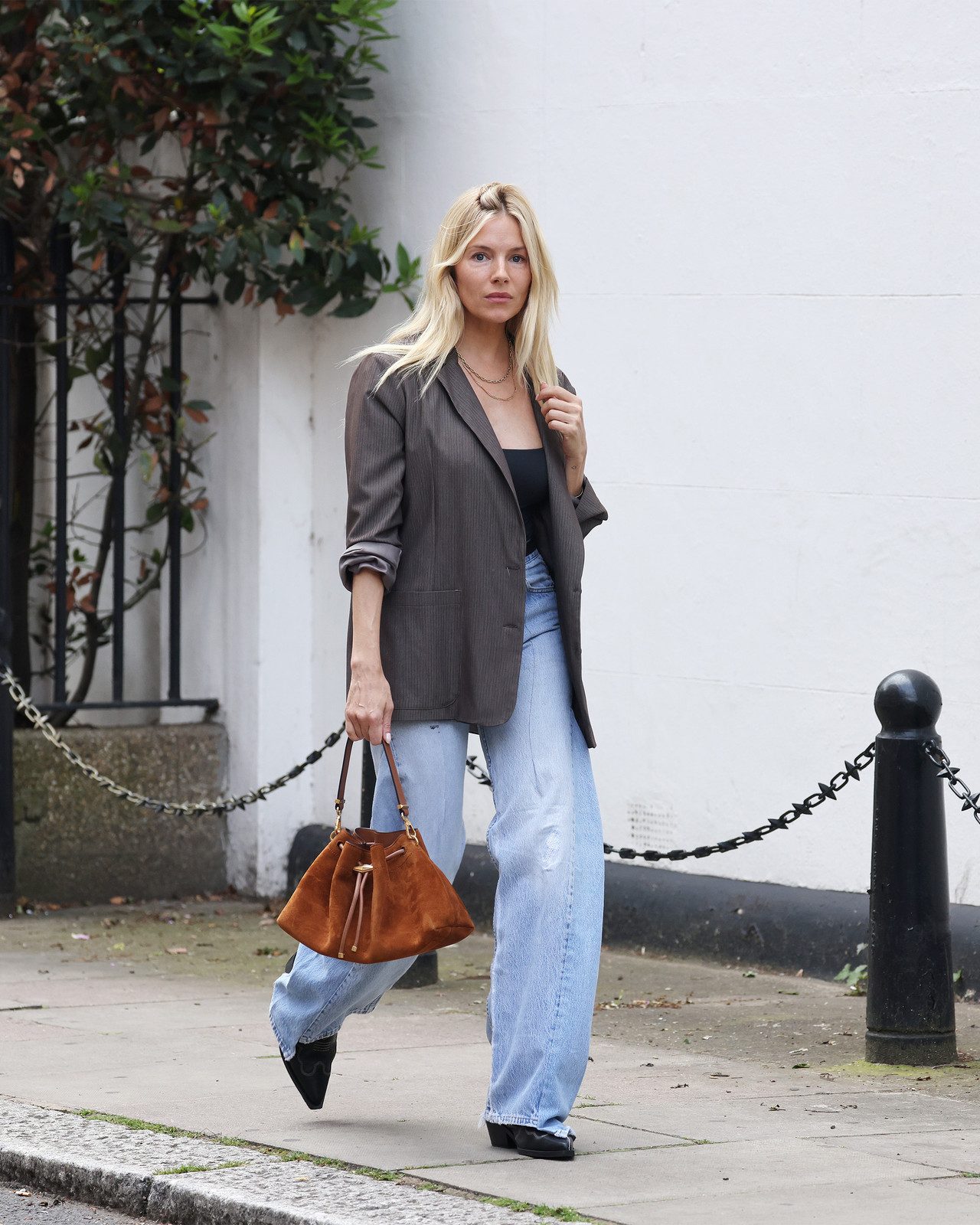 Wide-Leg Jeans with Oversized Blazer and Suede Bag — High Waisted Jeans