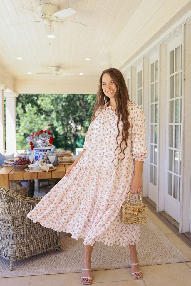 Pink Floral Print Tiered Midi Dress for Daytime Events — Nantucket Outfits