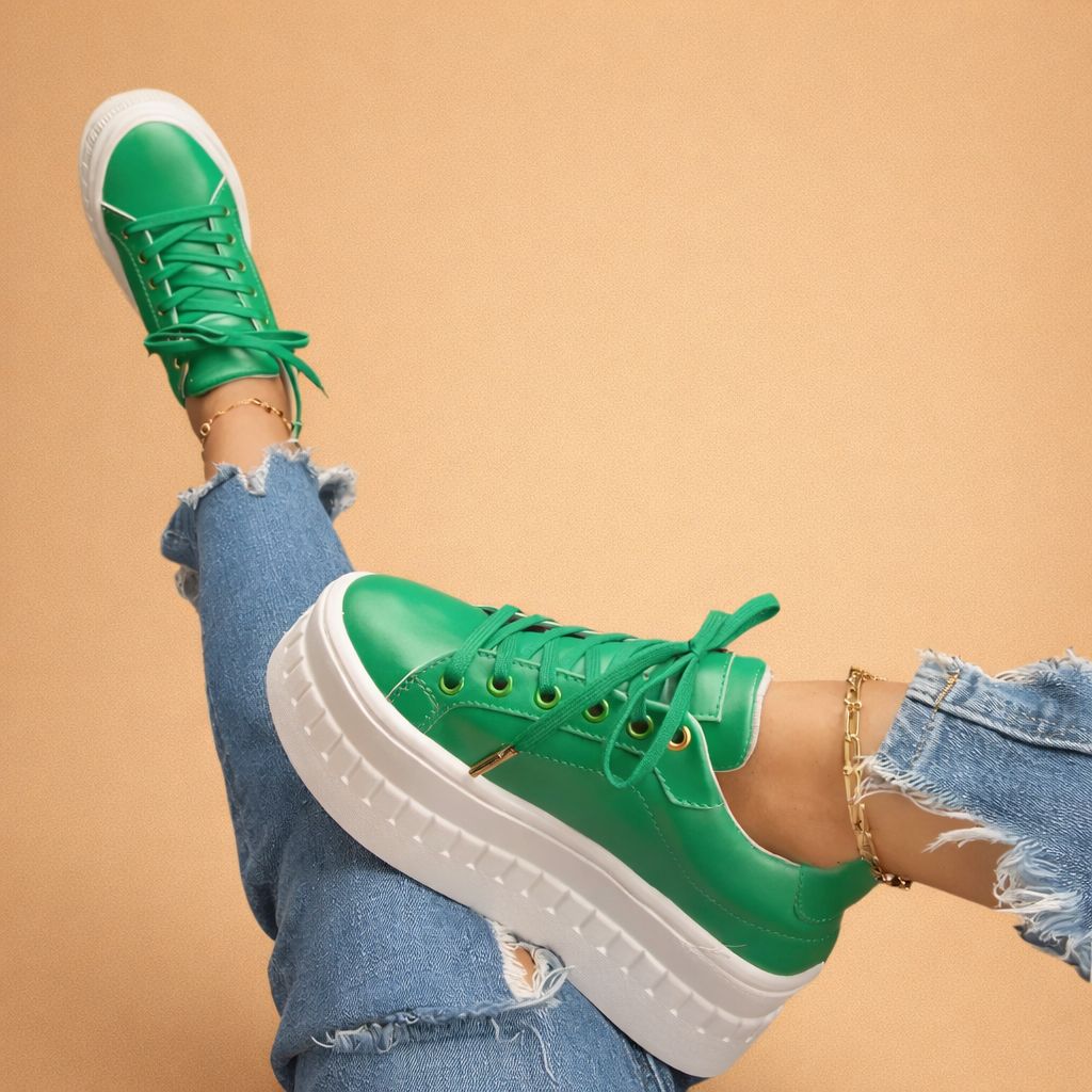 Vibrant Green Leather Platforms with Ripped Denim Vibrant Green Leather Platforms with Ripped Denim — Platform Sneakers Outfits