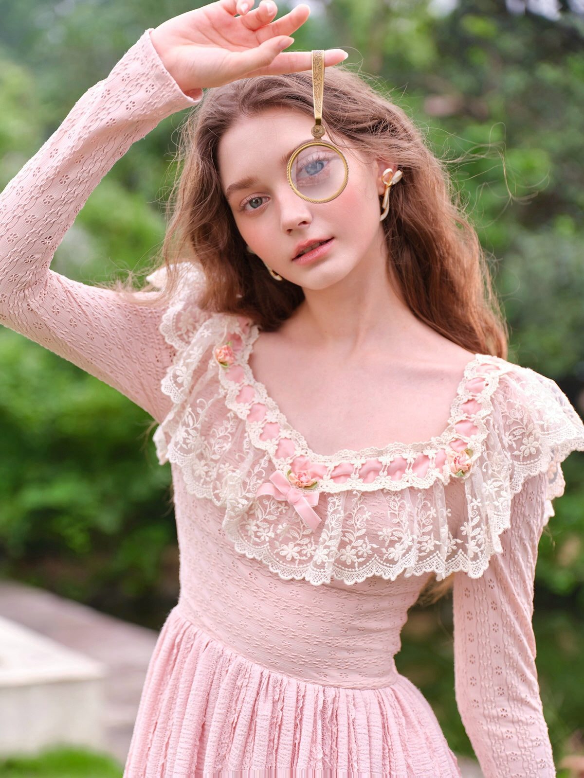 Pink Knit Dress with Ornate Cream Lace Collar and Bows — Princesscore Outfits