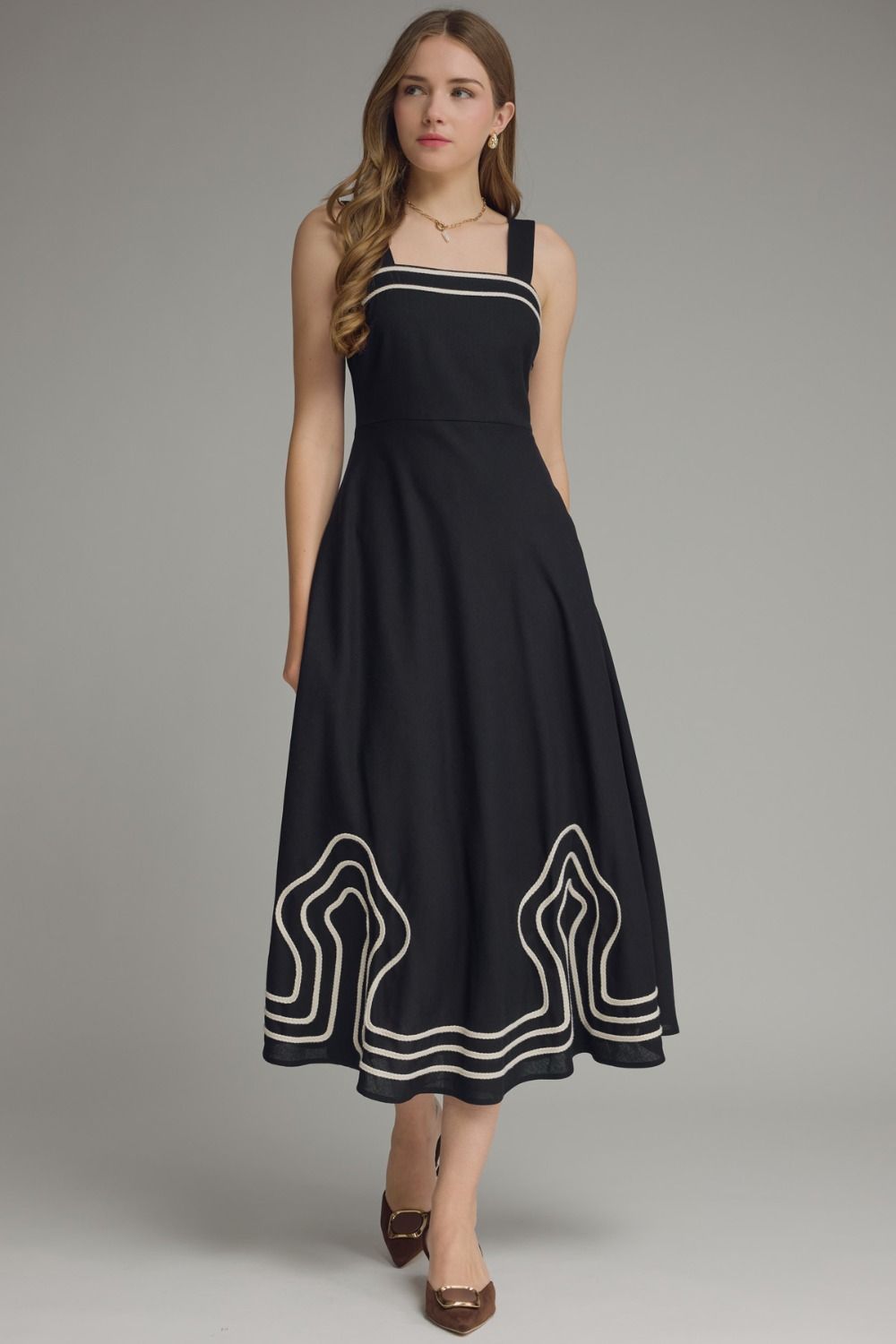 Black Midi Dress with Decorative Trim for Casual Wear Square Neck Dresses