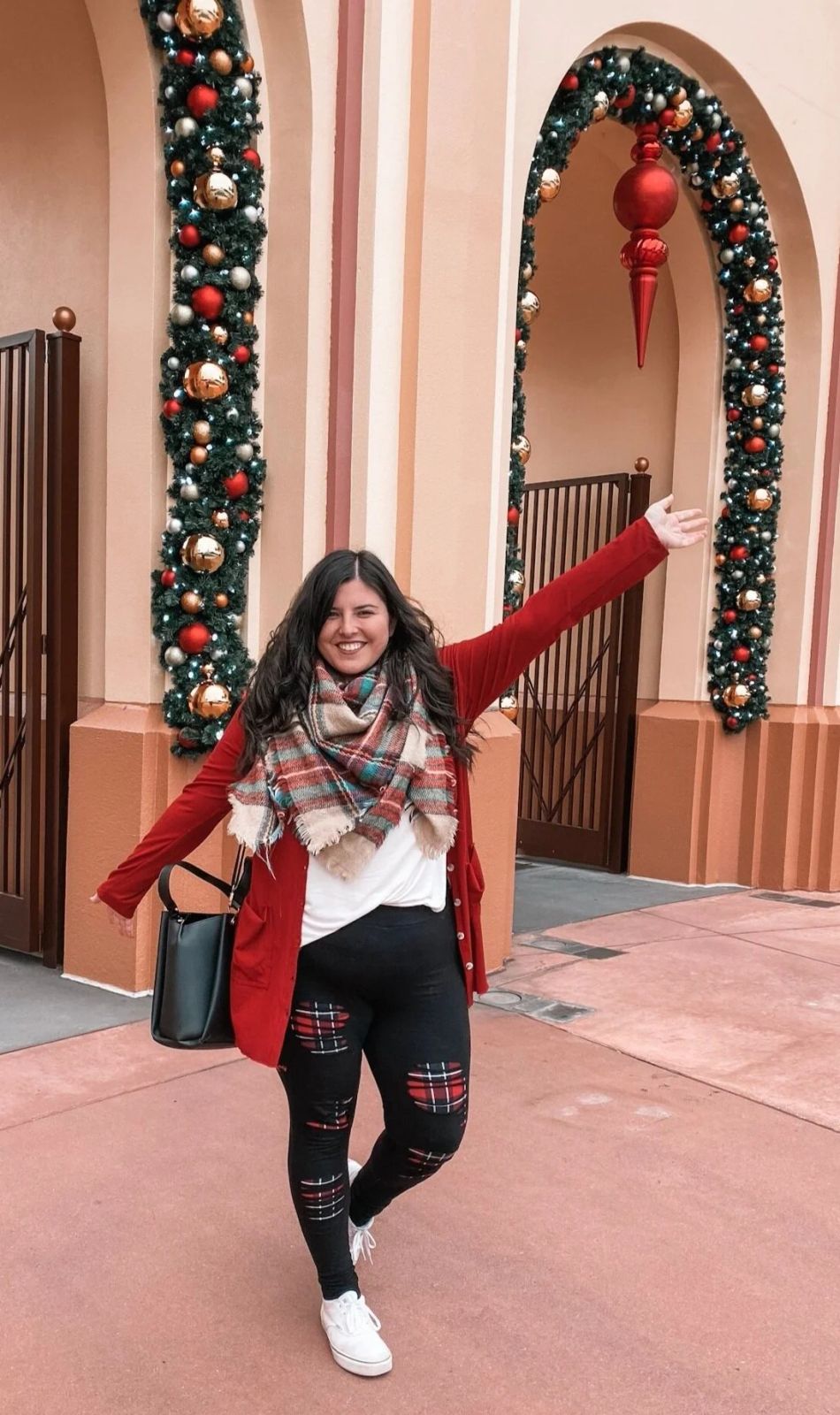 Festive Holiday Style with Plaid Leggings and Red Cardigan Festive Holiday Style with Plaid Leggings and Red Cardigan — Universal Studios Outfits