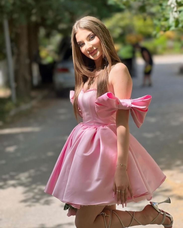 Pink Satin Off-the-Shoulder Mini Dress with Bows — Party Dresses