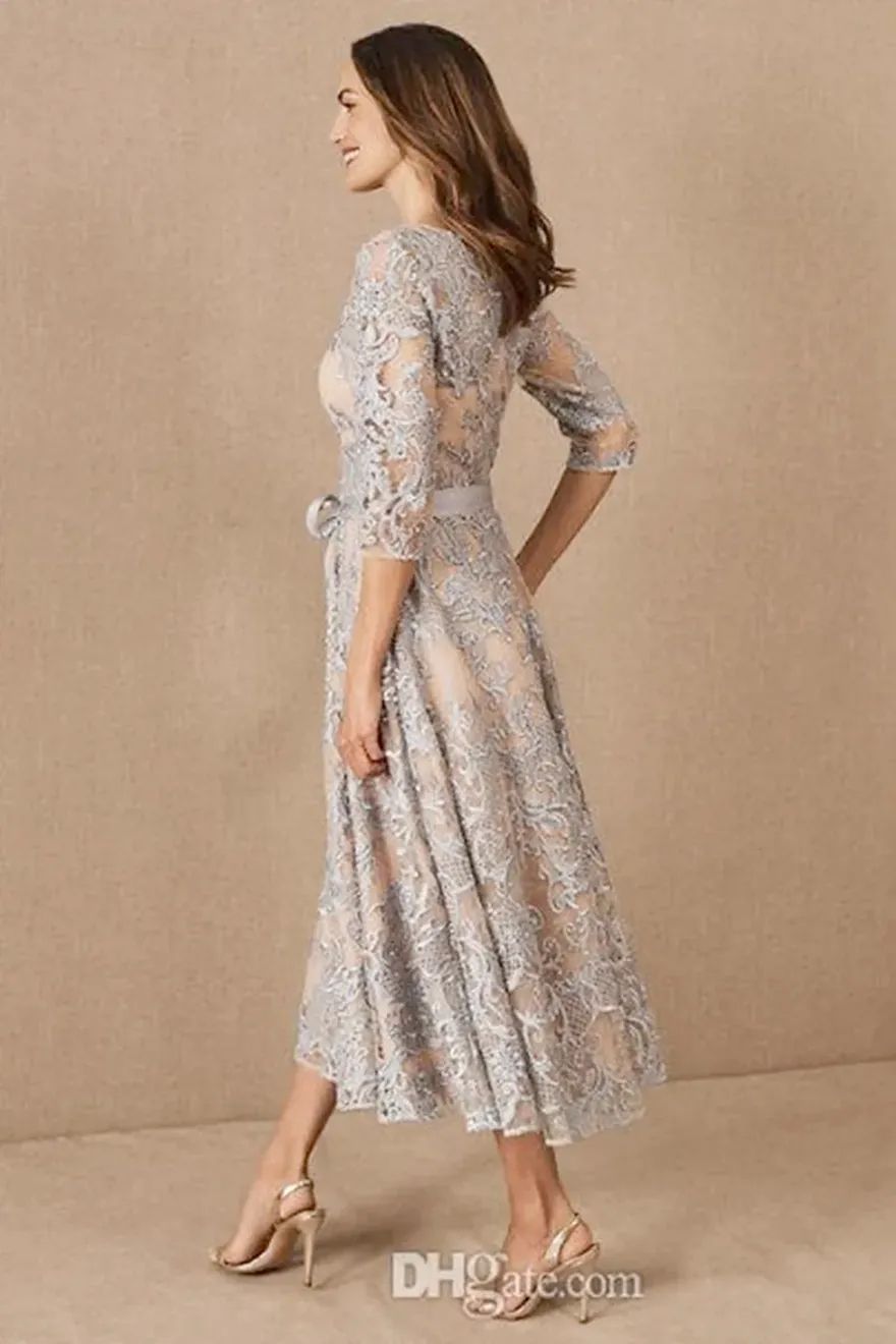 Grey Lace Midi Dress with Beige Underlay and Belt Grey Lace Midi Dress with Beige Underlay and Belt — Mother of the Bride Dresses