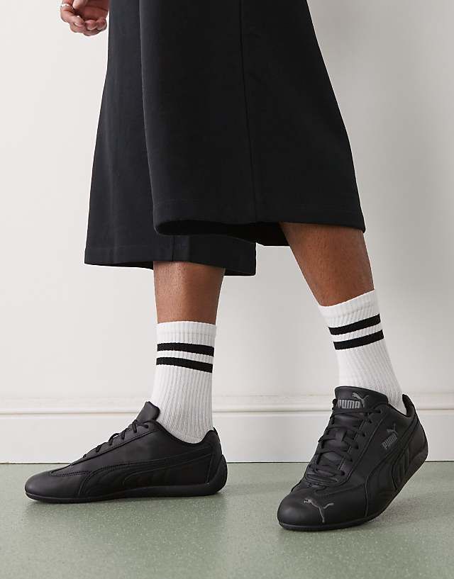 Sleek Monochrome: Black Culottes and Black Leather Speedcats Sleek Monochrome: Black Culottes and Black Leather Speedcats — Puma Speedcat Outfits