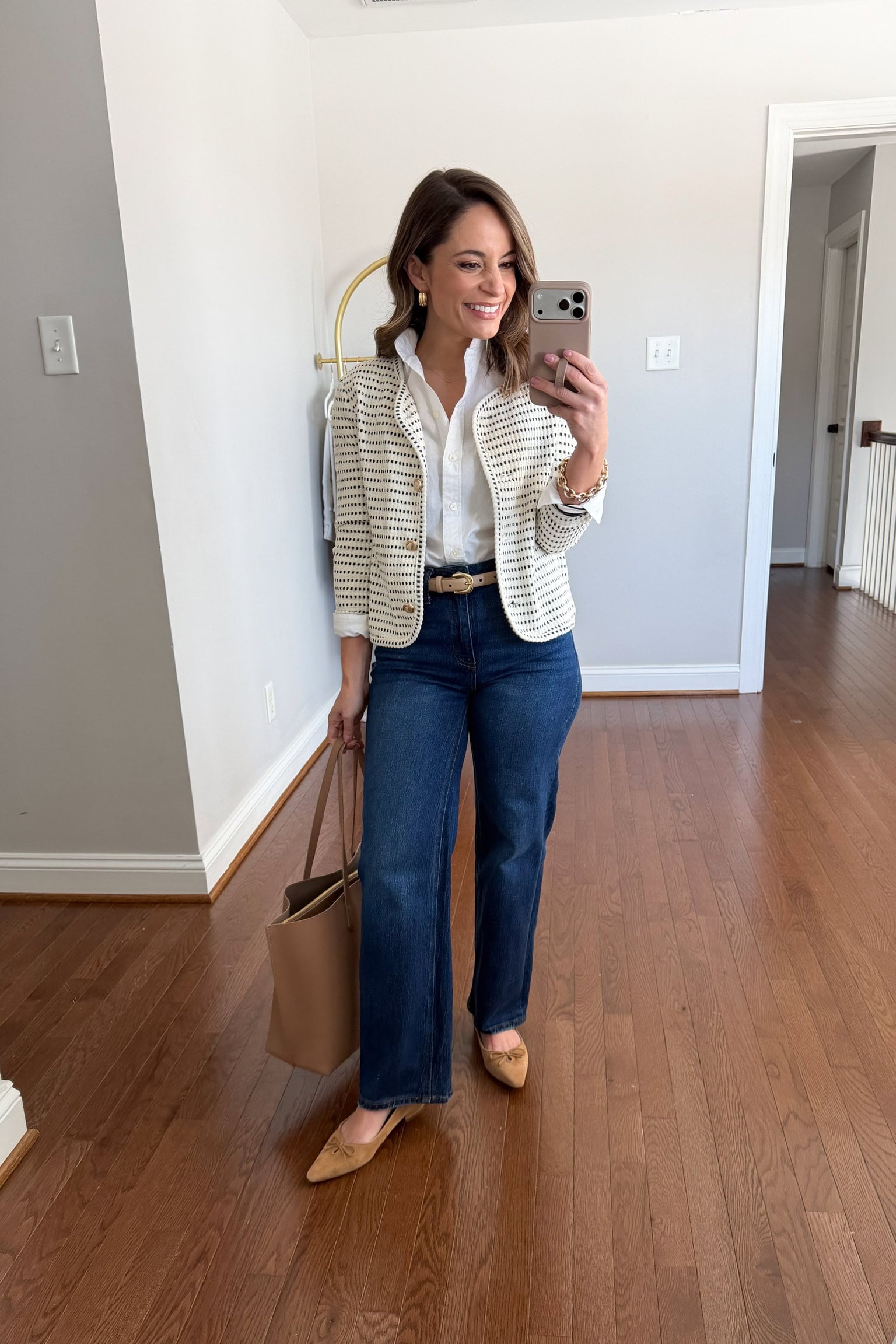 Dark Wash Straight-Leg Jeans with Textured Blazer for Smart Casual — Denim Outfits