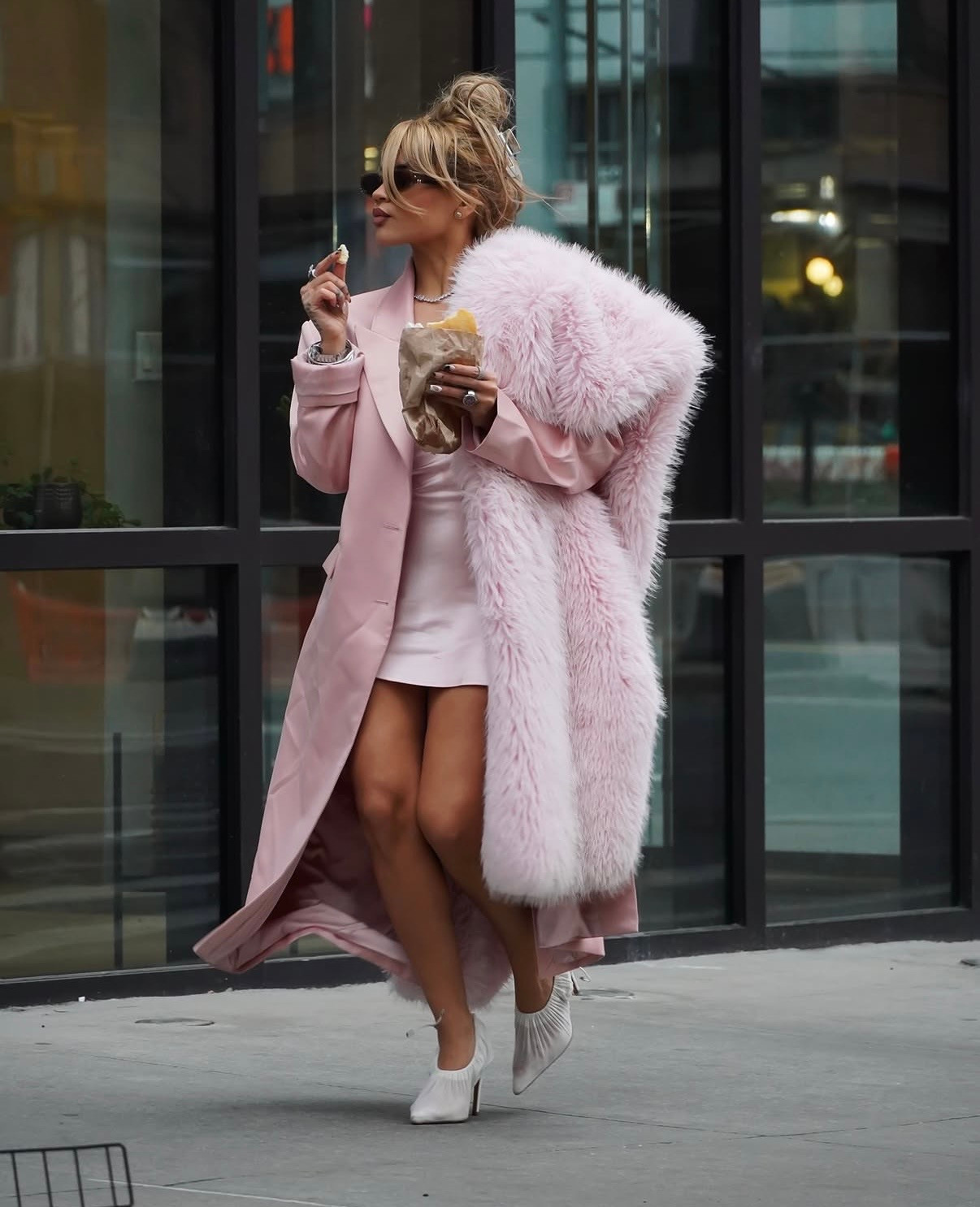 Monochromatic Pink: White Heels with Long Coat and Mini Dress Monochromatic Pink: White Heels with Long Coat and Mini Dress — Heels Outfits