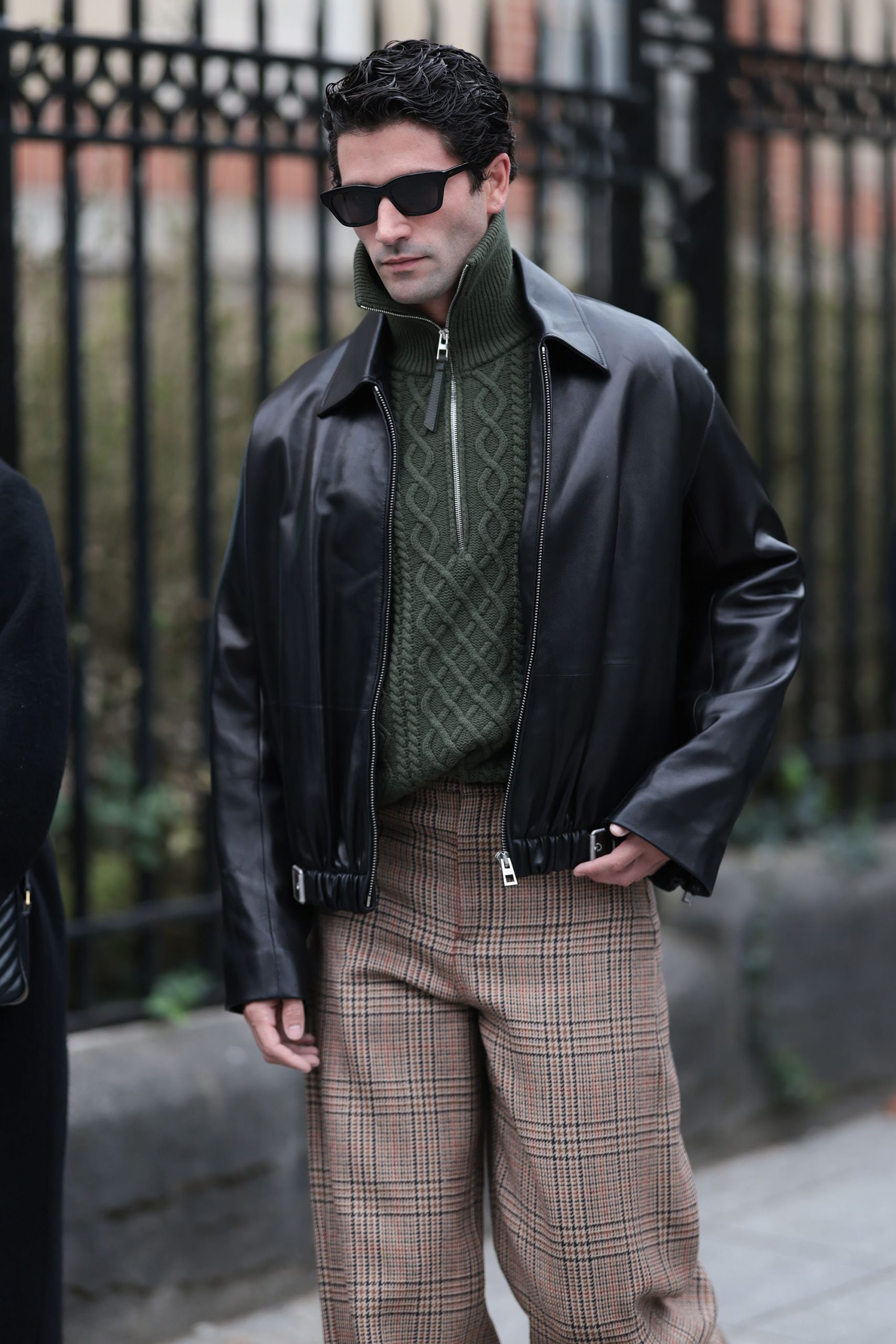 Leather Bomber Jacket with Plaid Trousers Leather Bomber Jacket with Plaid Trousers — Outfits for Men