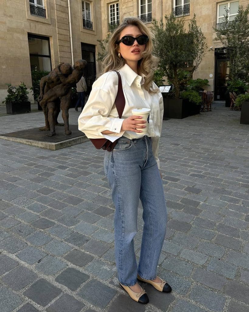 Oversized White Button-Down and Two-Tone Ballet Flats with Light Wash Jeans — Ballet Flats with Jeans Outfits
