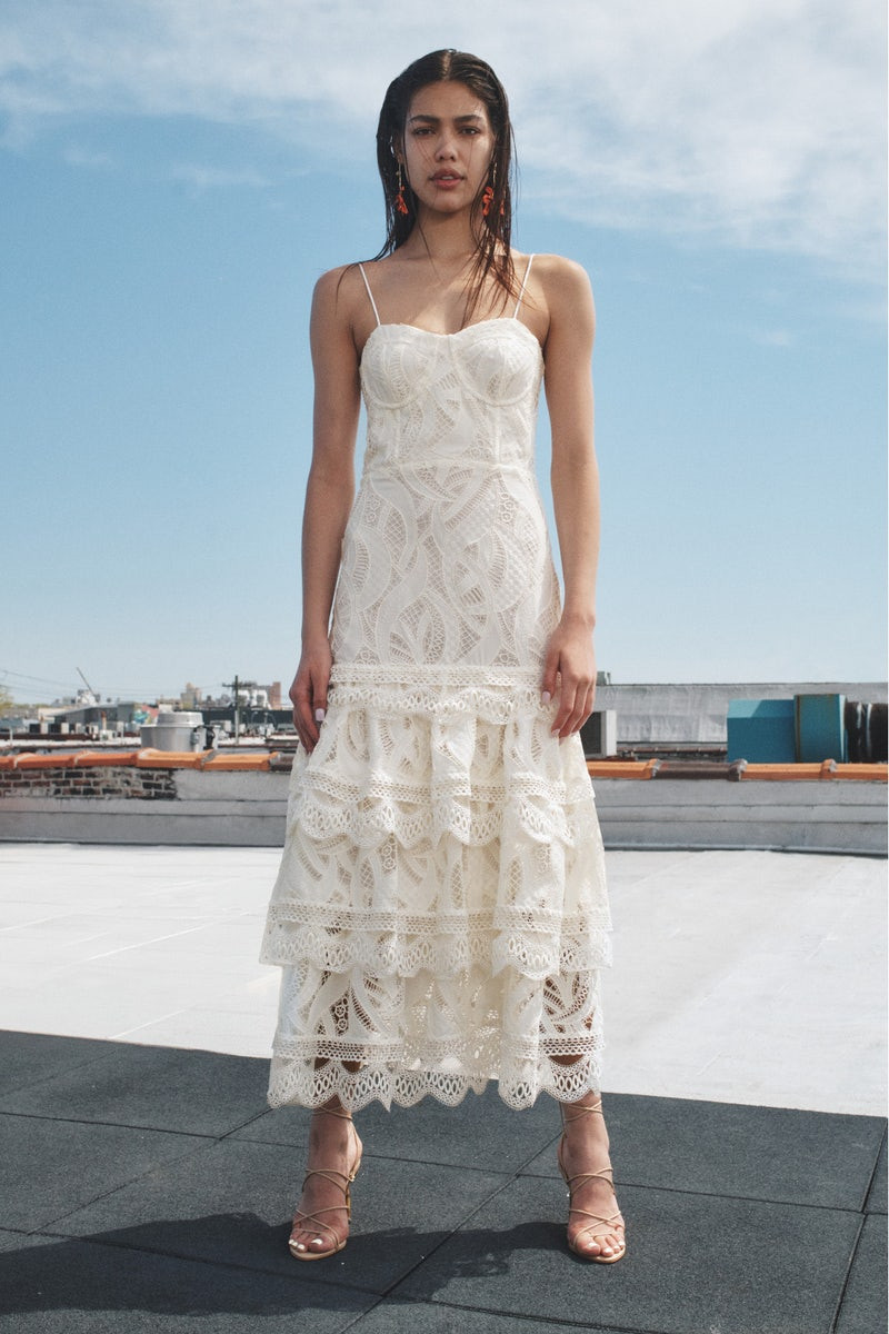 Ivory Lace Bustier Midi Dress with Tiered Ruffled Skirt — Engagement Party Dresses