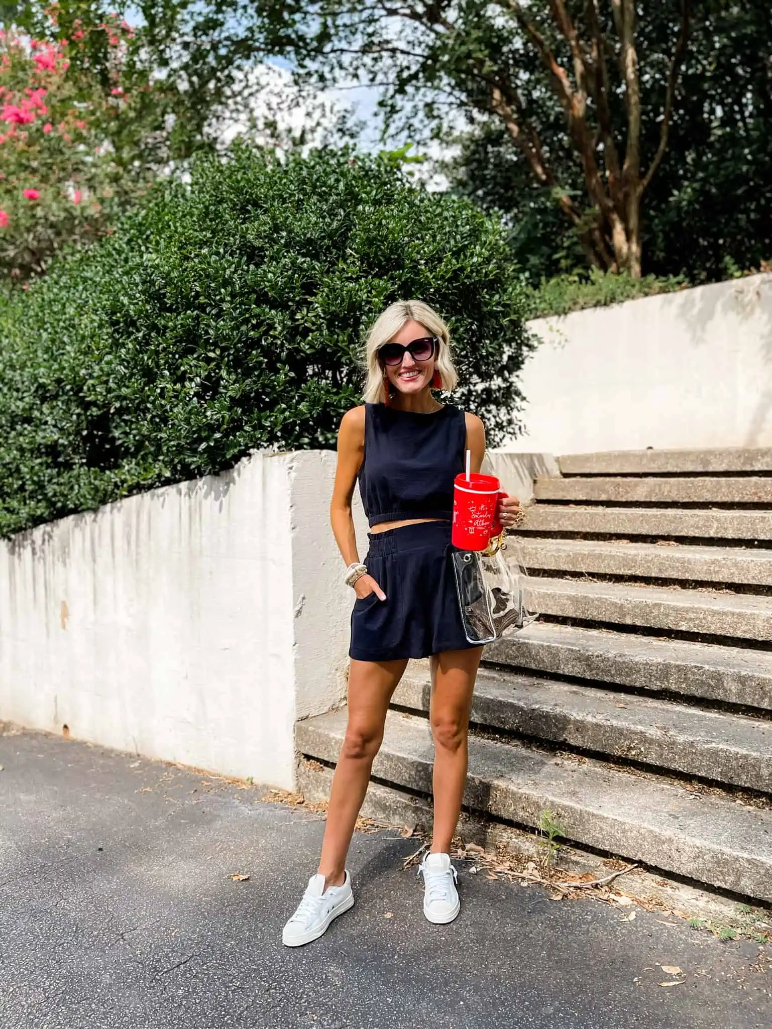 Monochromatic Edge: Black Crop Set and White Sneakers Monochromatic Edge: Black Crop Set and White Sneakers — Soccer Game Outfits
