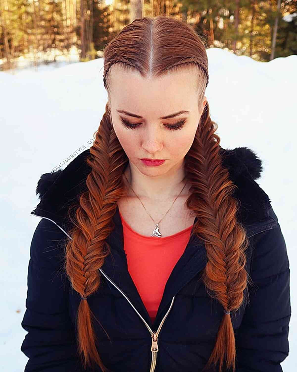 Tousled Red Fishtail Braids — Red Braids