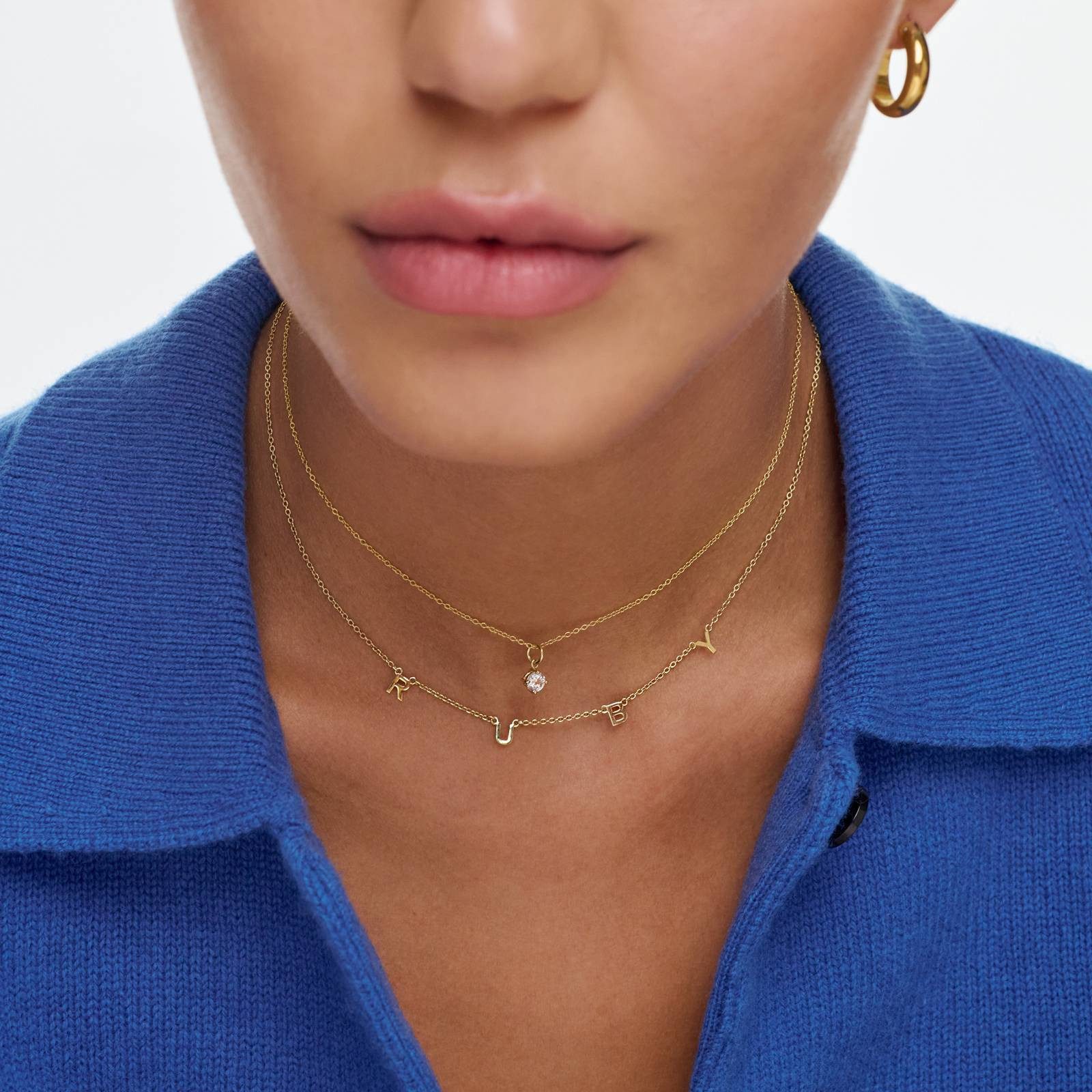 Layered Gold Necklaces with 'RUBY' Initial Charms Layered Gold Necklaces with 'RUBY' Initial Charms — Initial Necklaces