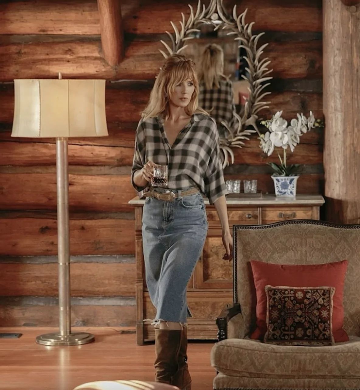 Brown Boots Plaid Shirt and Distressed Denim Skirt for Casual Western Vibes Brown Boots Plaid Shirt and Distressed Denim Skirt for Casual Western Vibes — Yellowstone Outfits