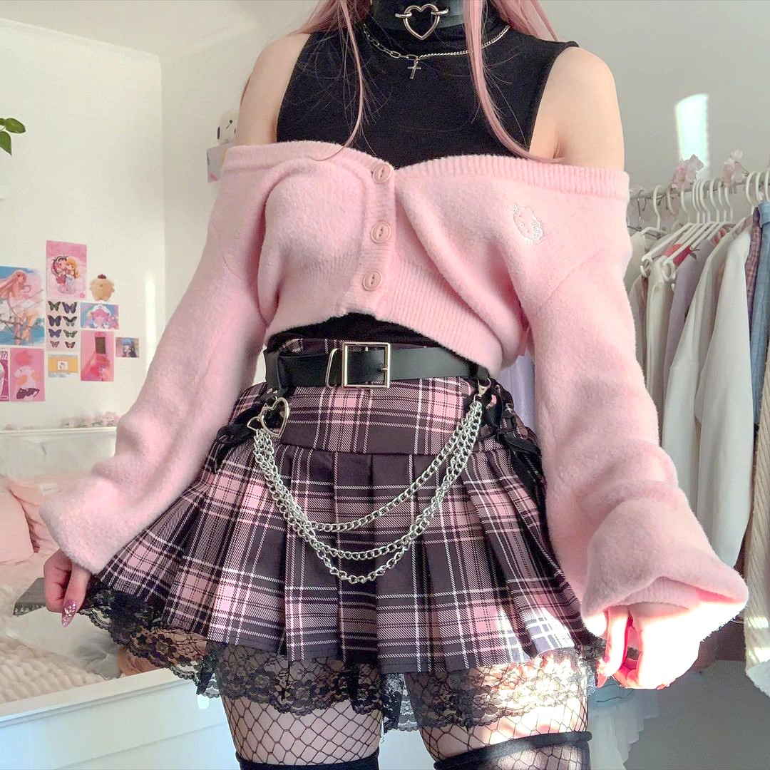 Pastel Fuzzy Cardigan and Plaid Skirt: A Cute Alternative — E-Girl Outfits