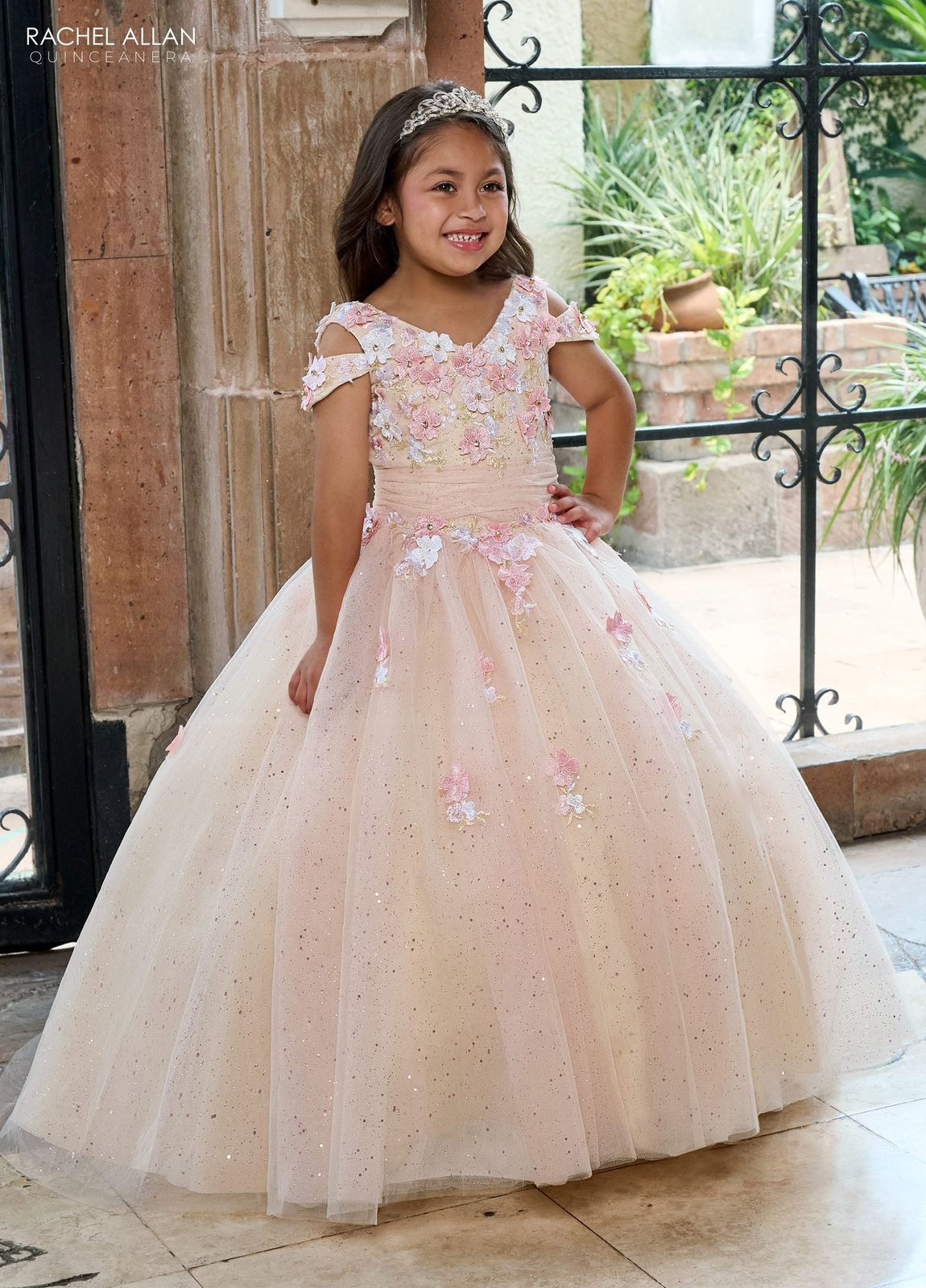 Pale Pink Glitter Ballgown with Floral Applique Pale Pink Glitter Ballgown with Floral Applique — Flower Girl Dresses