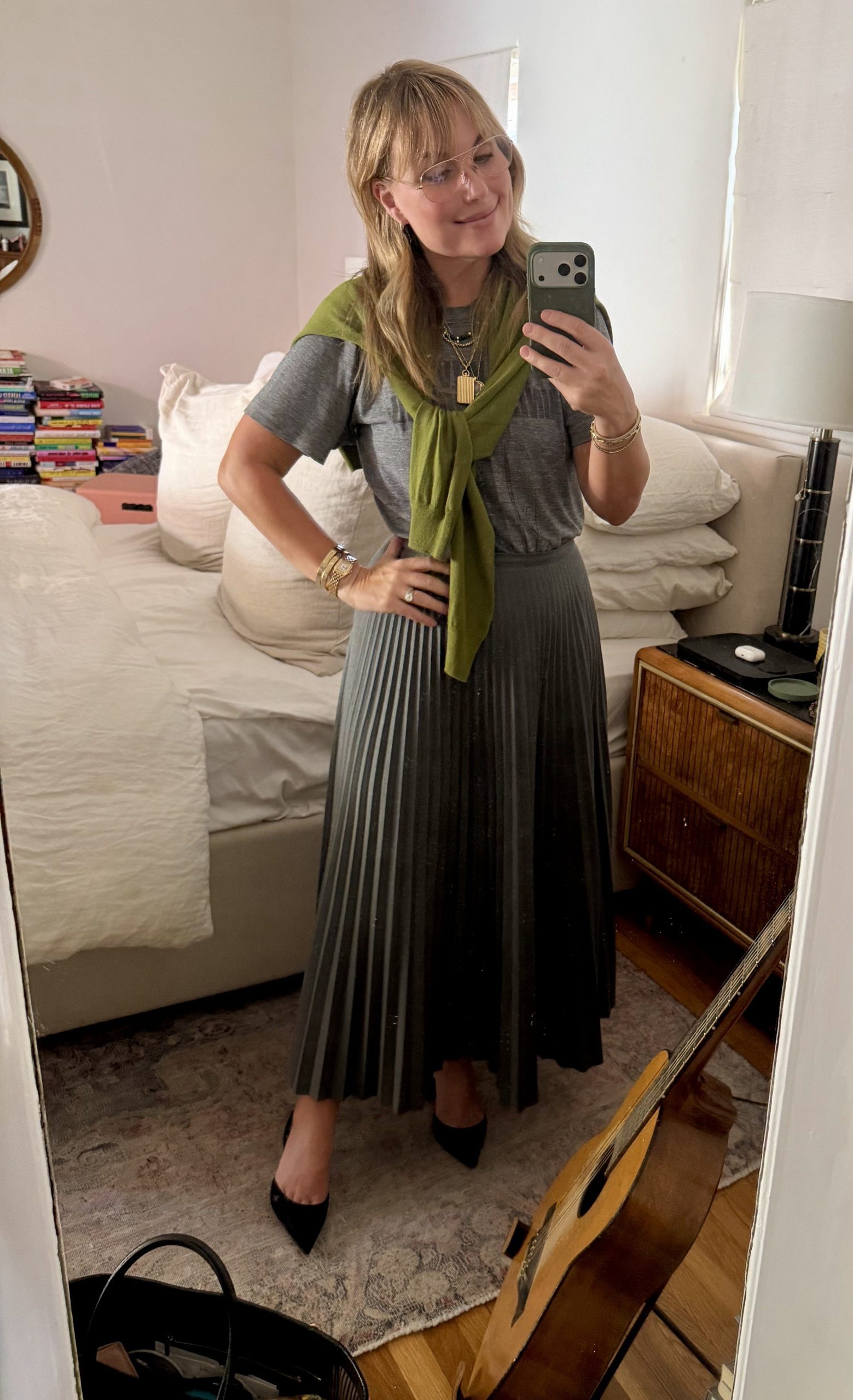 Casual Comfort: Olive Green Pleats with a Draped Sweater Casual Comfort: Olive Green Pleats with a Draped Sweater — Pleated Skirts