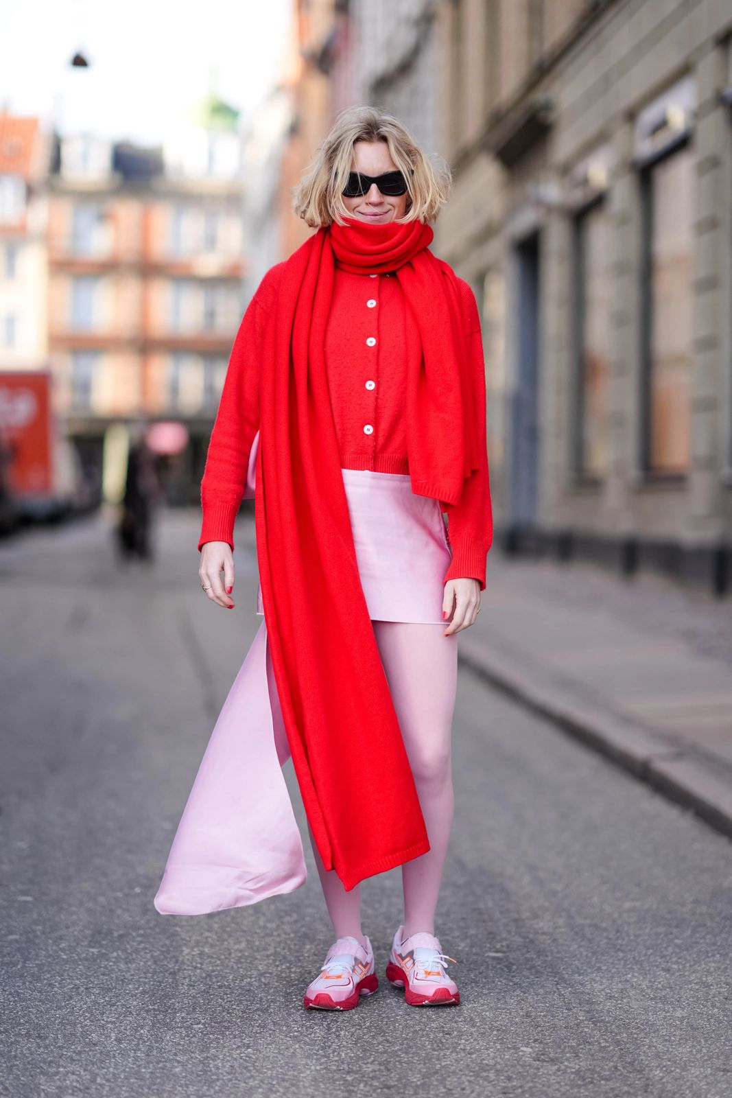 Bright Red Cardigan with Pink Skirt and Tights Bright Red Cardigan with Pink Skirt and Tights — Copenhagen Outfits