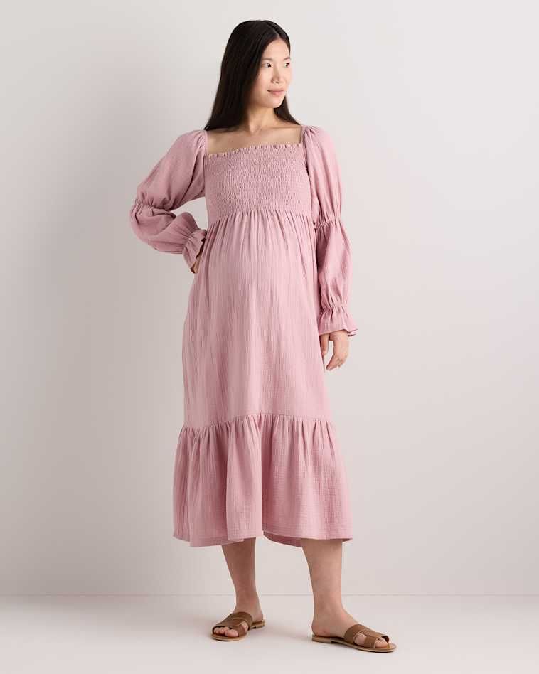 Pink Gauze Maternity Dress with Smocked Neckline Pink Gauze Maternity Dress with Smocked Neckline — Maternity Dresses