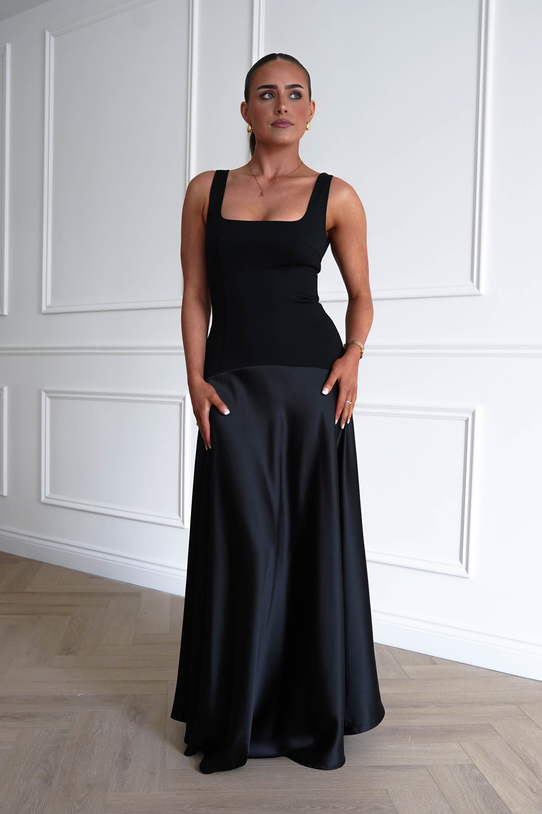Fitted Square-Neck Top with Flowing A-Line Skirt — Black Tie Dresses