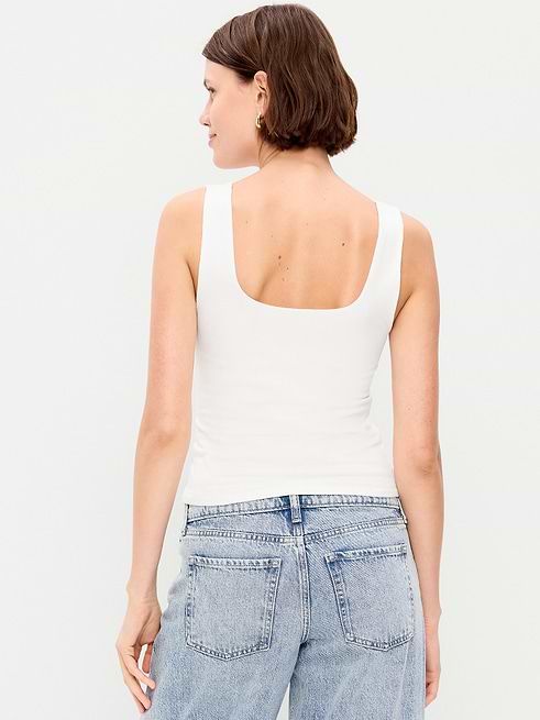 Back Detail Focus: White Scoop Tank with Blue Jeans — Tank Tops