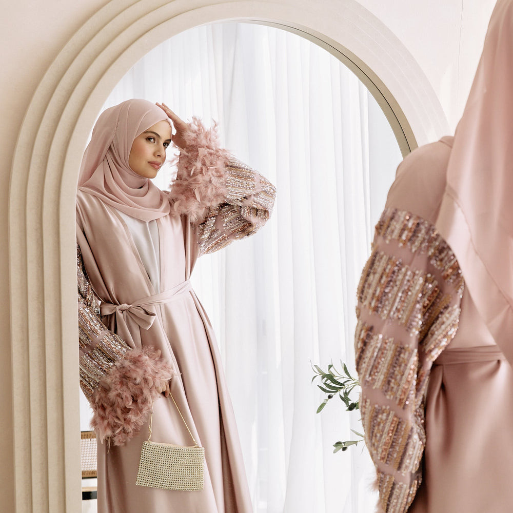 Blush Pink Satin Abaya with Dramatic Feathered Sleeves — Abaya Outfits