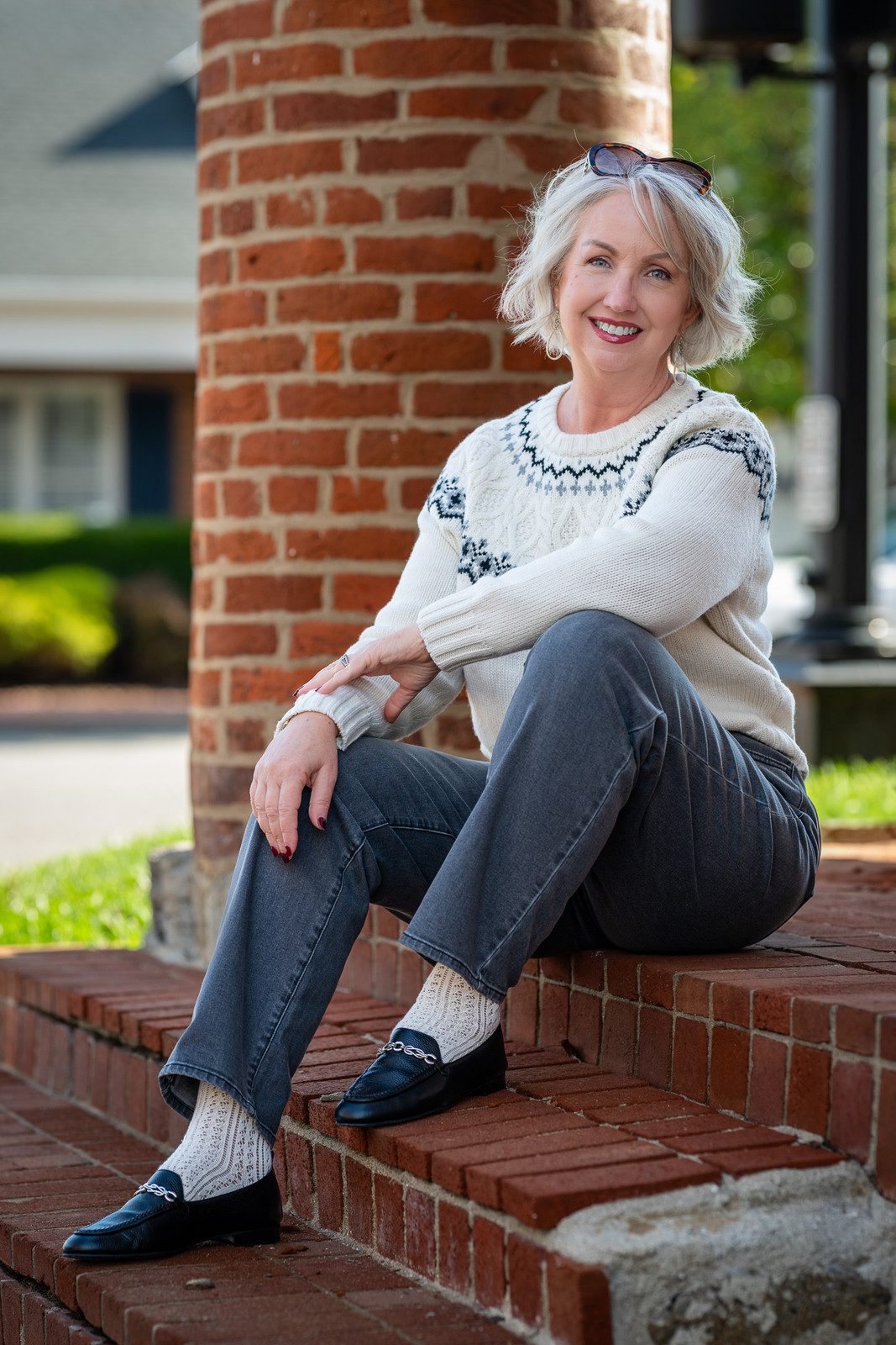 Cozy Knitwear: Black Loafers with White Patterned Socks and Straight Leg Jeans Cozy Knitwear: Black Loafers with White Patterned Socks and Straight Leg Jeans — Socks with Loafers Outfits