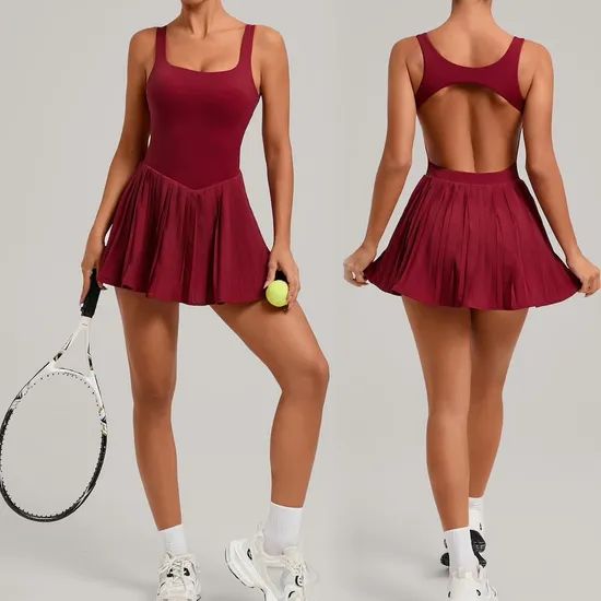Burgundy Tennis Dress with Open Back and Pleated Skirt — Tennis Dresses