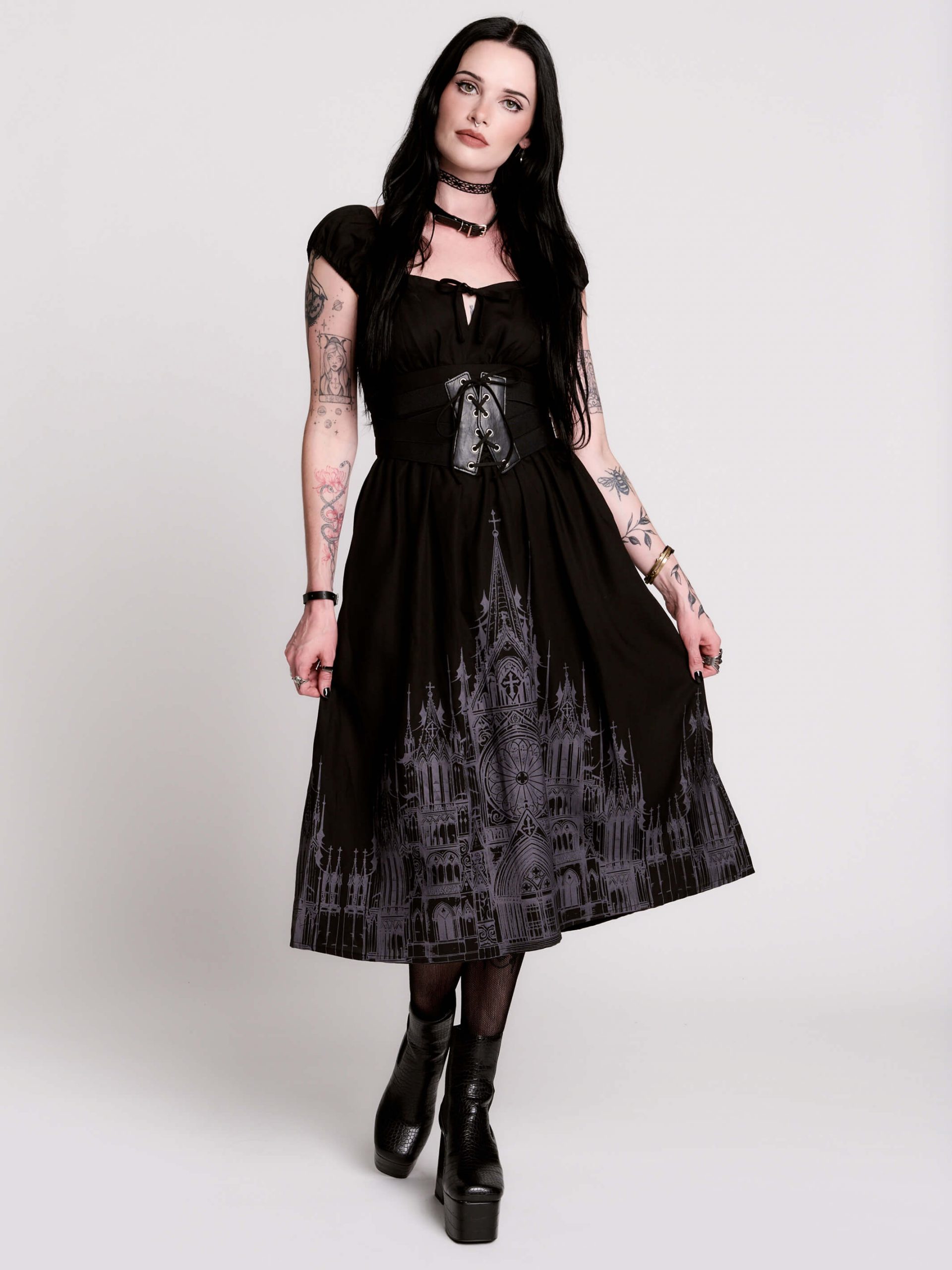 Black Fit-and-Flare Dress with Cathedral Print Black Fit-and-Flare Dress with Cathedral Print — Vampire Aesthetic Outfits